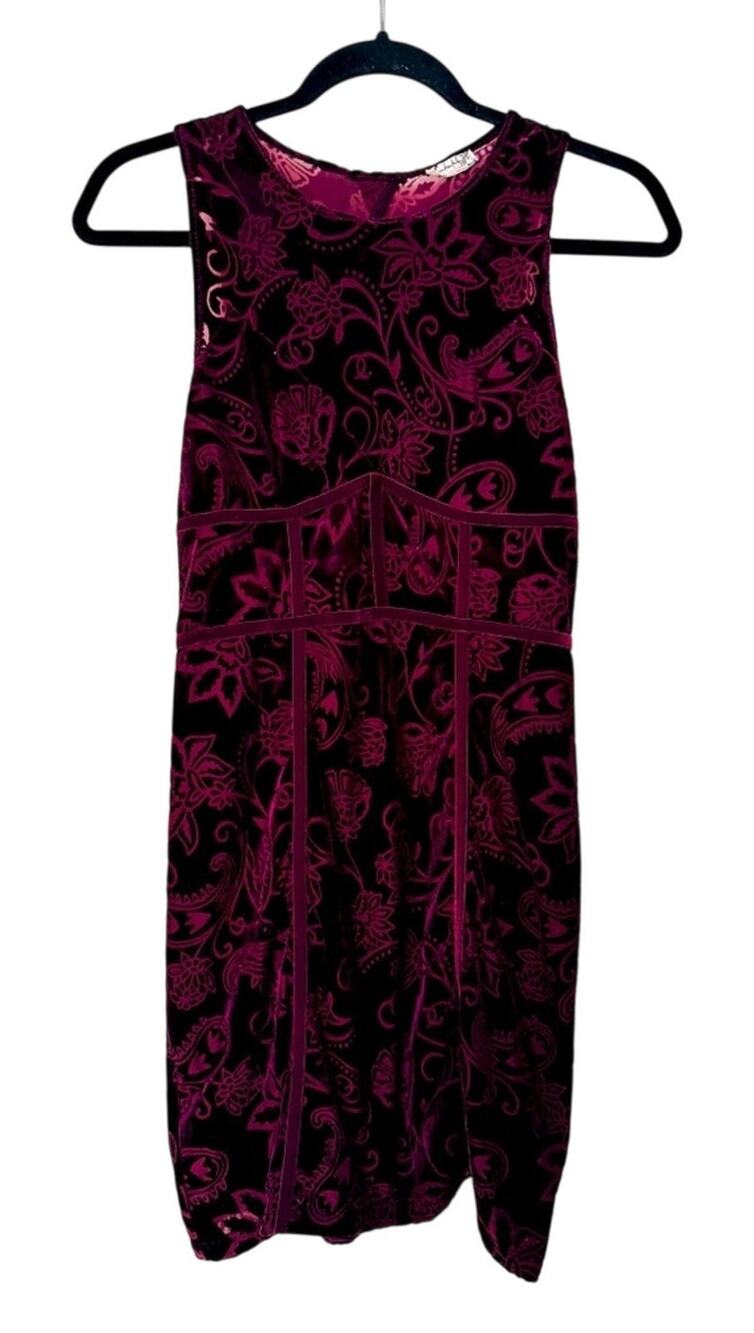 Free People Intimately Burgundy Floral Velvety Sheath Dress Sz M Boho